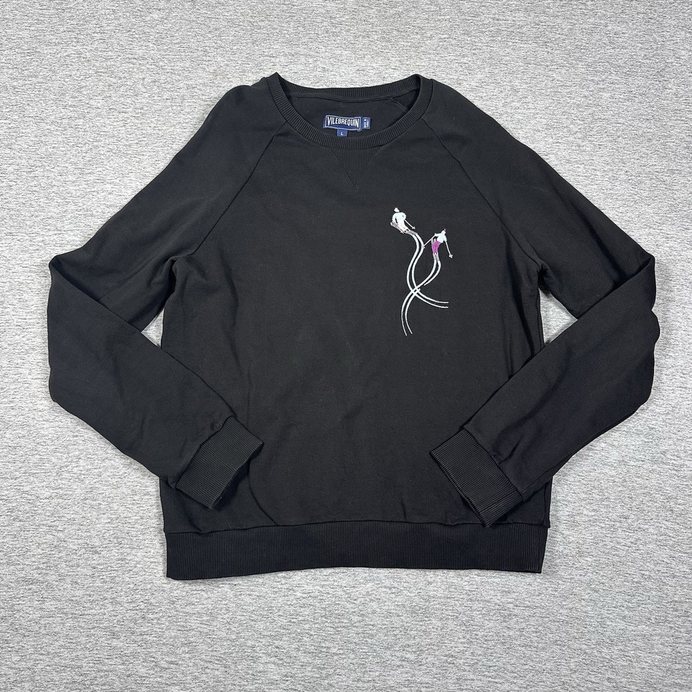 Vilebrequin Sweater Mens Large Black Long Sleeve Crew Neck Embroidered Ski
